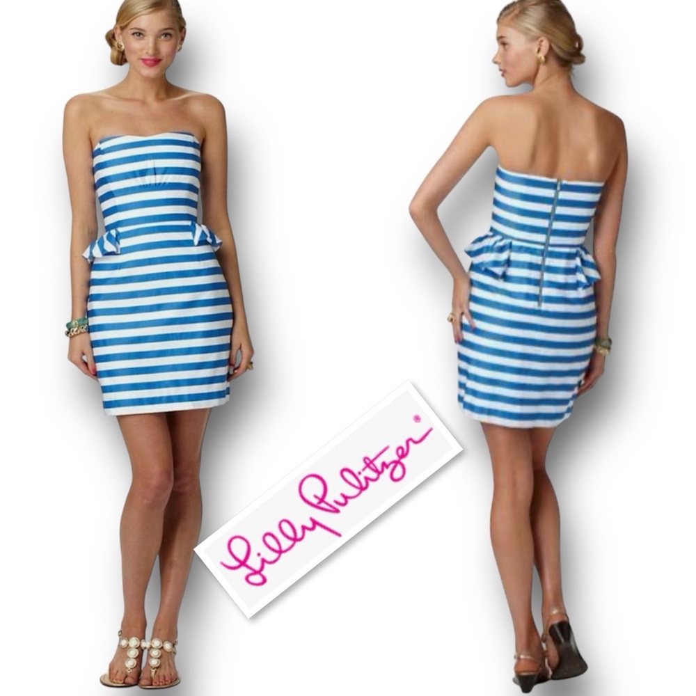 Lilly Pulitzer Maybell Peplum Ruffled Blue Striped Strapless  Dress Size 4 - Picture 2 of 12